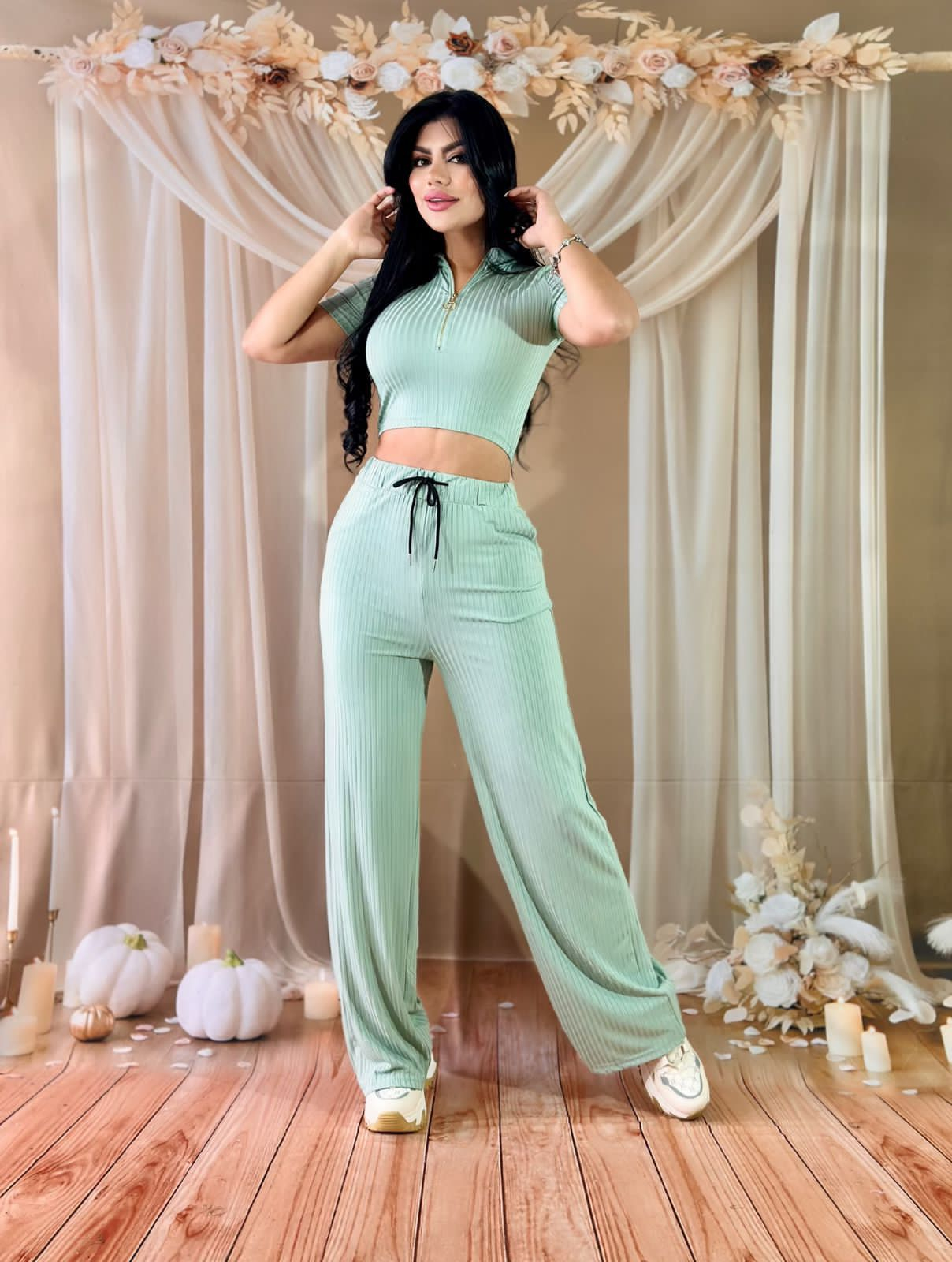 SET DE DOS PIEZAS CASUAL BLUSA CORTA CON ZIPPER Y PANTALON TIPO PALAZZO